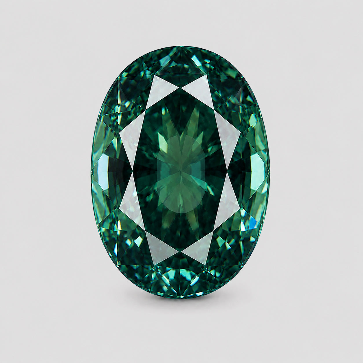 Unheated, custom step oval-cut bluish green sapphire.