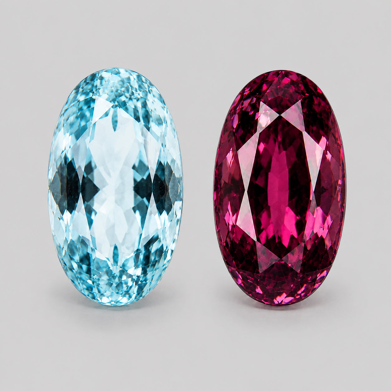 Stunning reverse-pair of aquamarine & Mahenge garnet.
