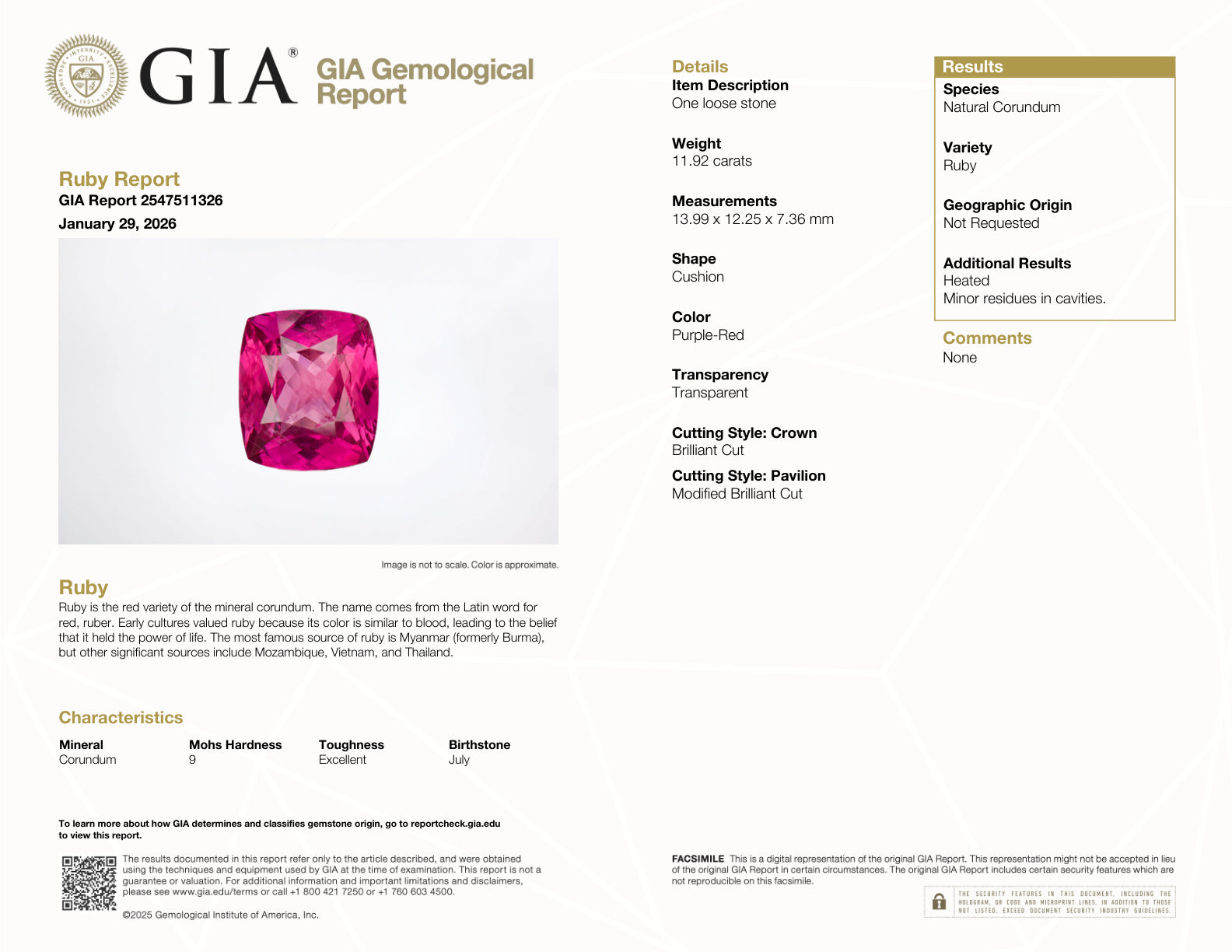 GIA Certified, custom cushion-cut purple-red Winza ruby.