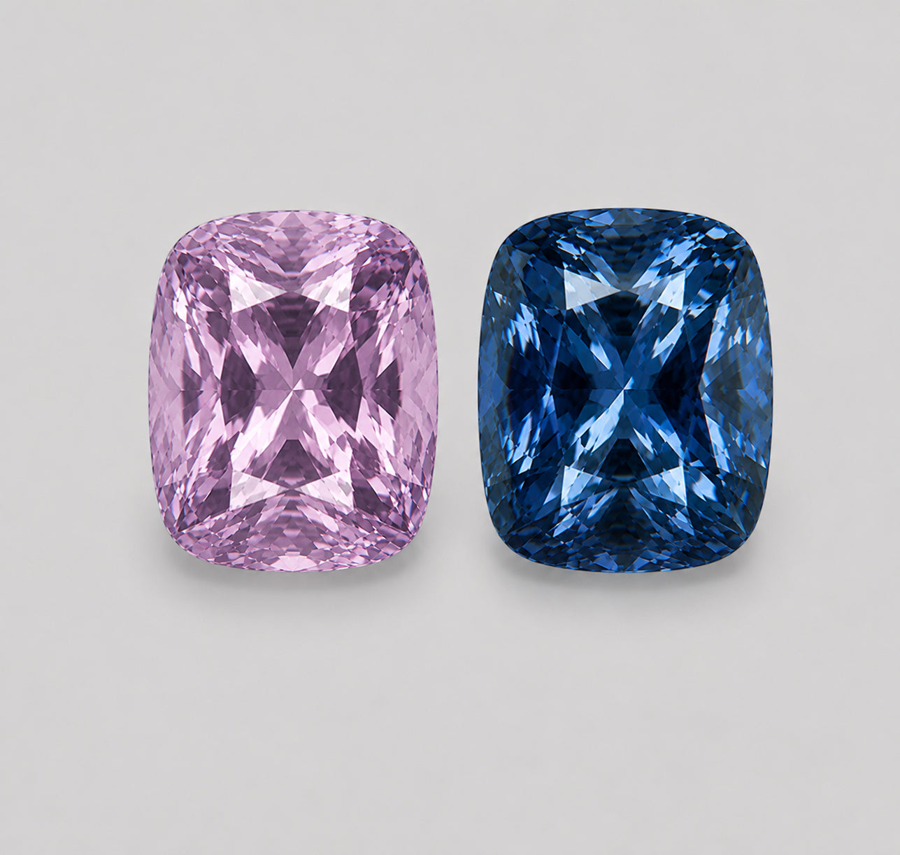 Reverse-pair, precision-cut blue & pink Mahenge spinel.
