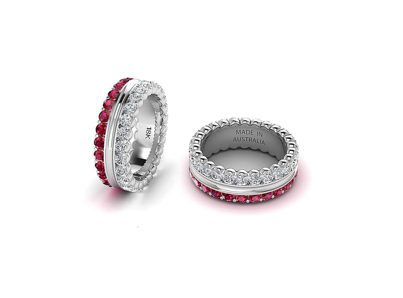 Grandeur Ruby ring in white gold, totaling 52 brilliant cut diamonds and vivid red rubies.