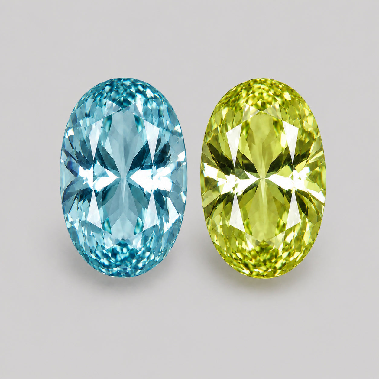 Brilliant precision oval-cut reverse pair, aquamarine & chrysoberyl.