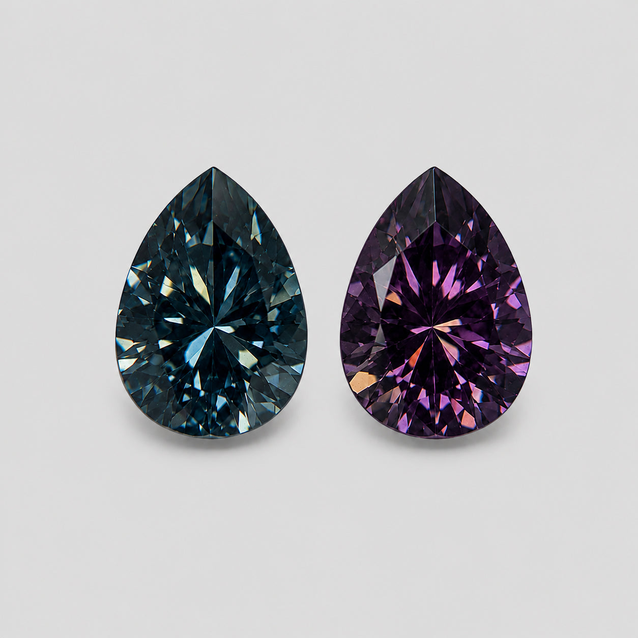 Brilliant precision-cut reverse pair of blue & purple spinel.