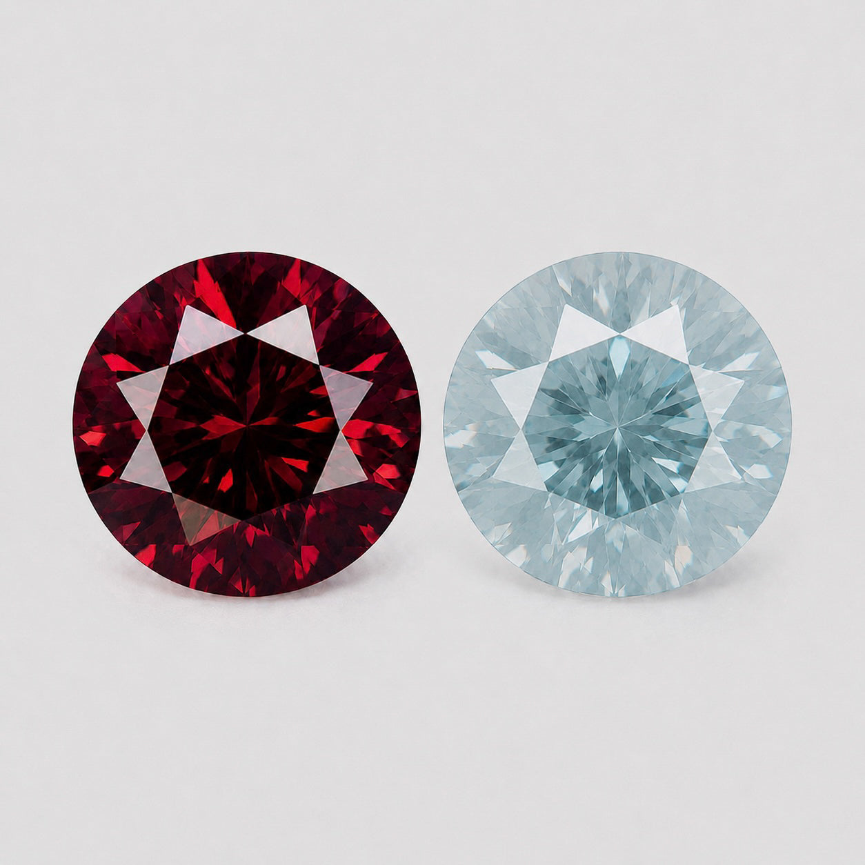 Reverse pair of bright light blue aquamarine & Mahenge garnet.