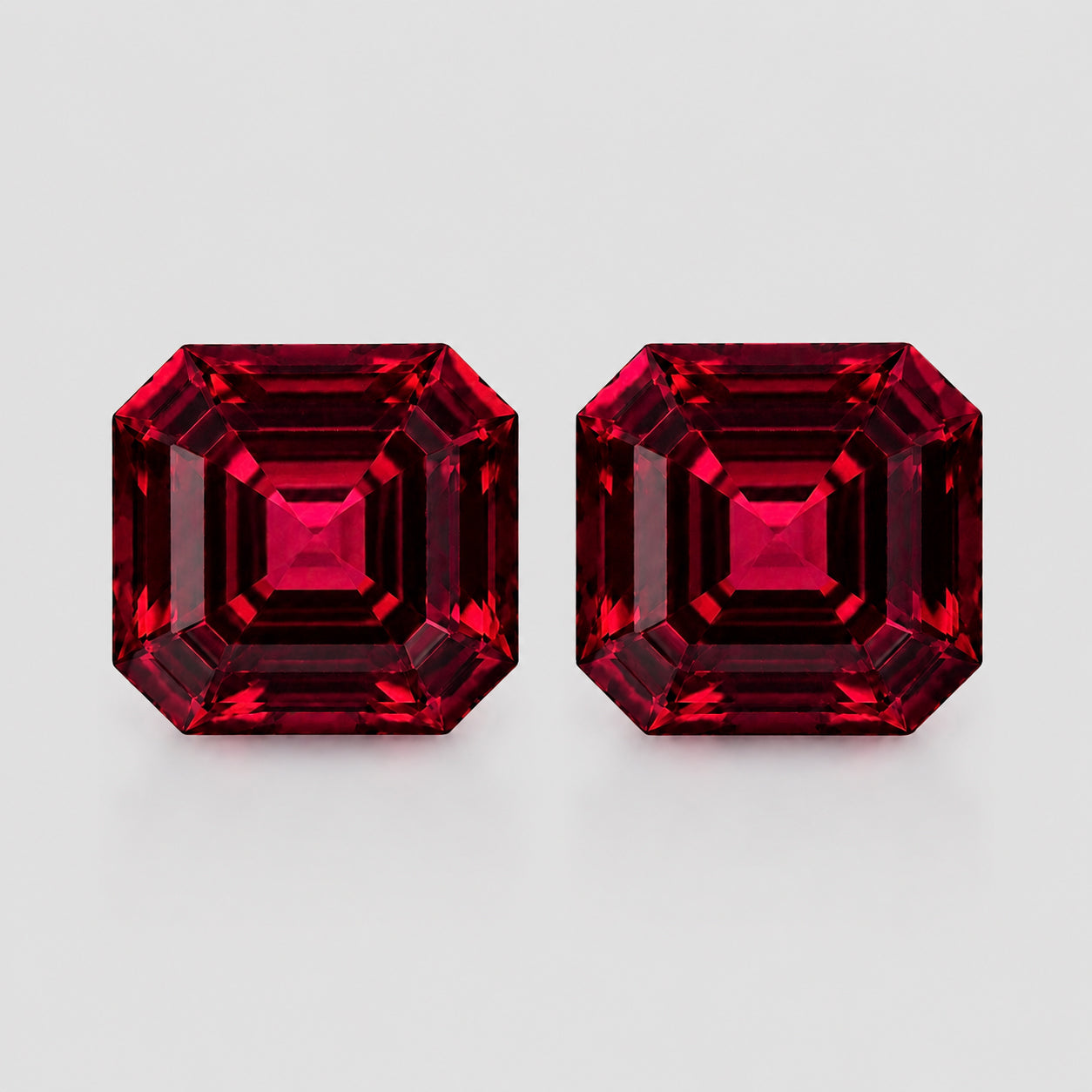 Precision-cut matching pair vivid red rhodolite garnet.