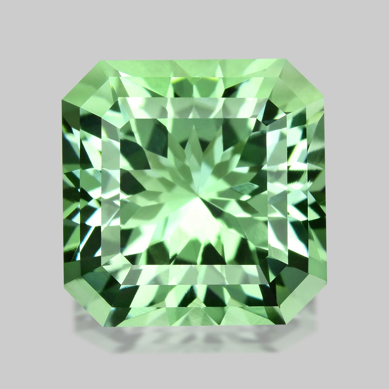 Flawless, custom precision radiant-cut green prasiolite (Amethyst).