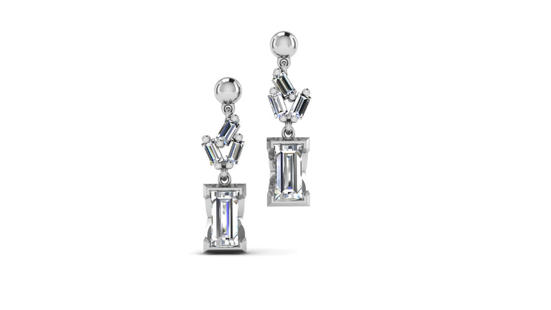 Floral Baguette Earrings in 18K white gold, set with 8 baguette cut diamonds.