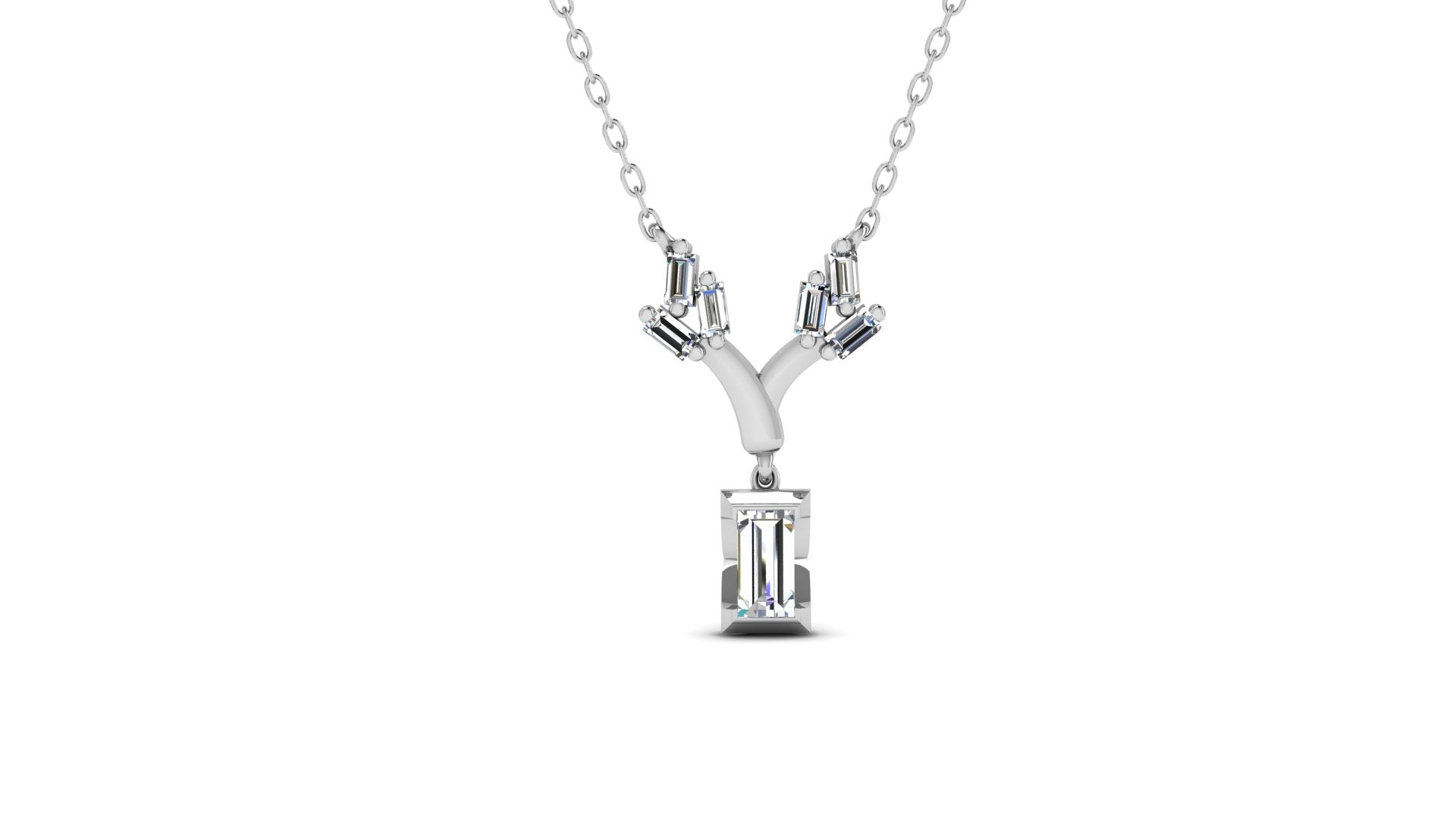Floral Baguette Necklace in 18K white gold, set with 7 baguette cut diamonds.