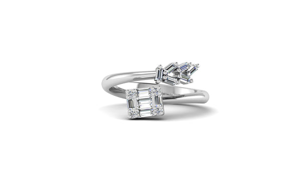 Floral Baguette ring in white gold, set with 15 baguette and round brilliant cut diamonds.